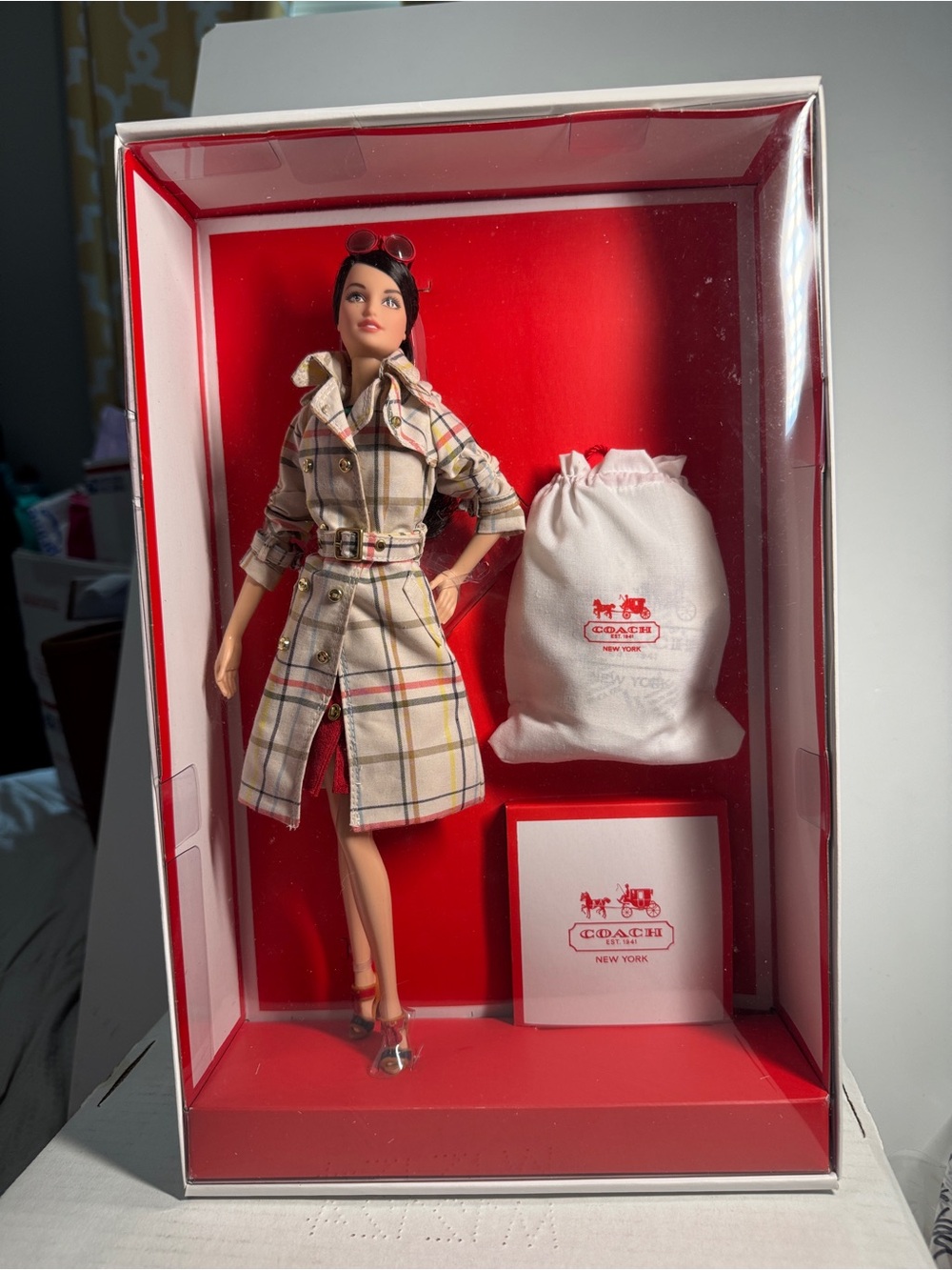 Coach Barbie Mini Drawstring Dust Bag in White with Red Logo New in box